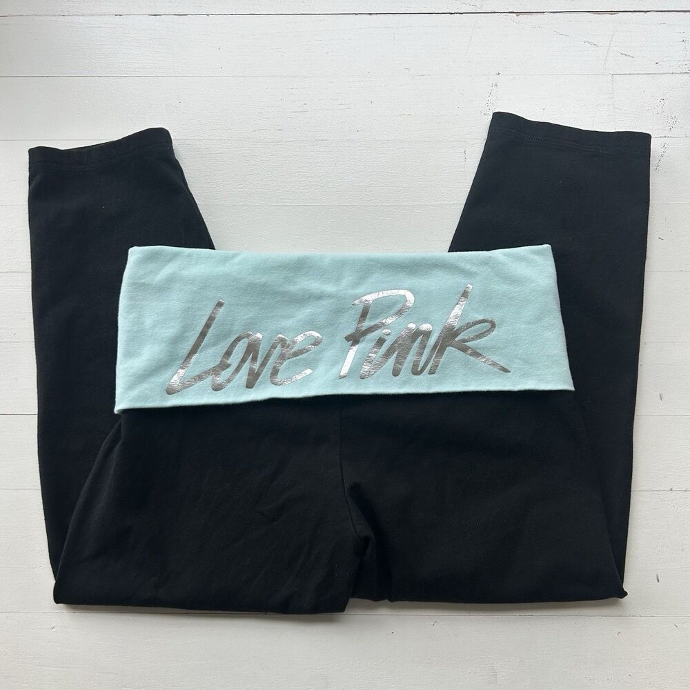 Y2K Victorias Secret Love Pink Fold Over Capri Blue Yoga Size Small